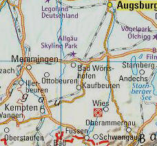 Kaartje met steden in Allgau